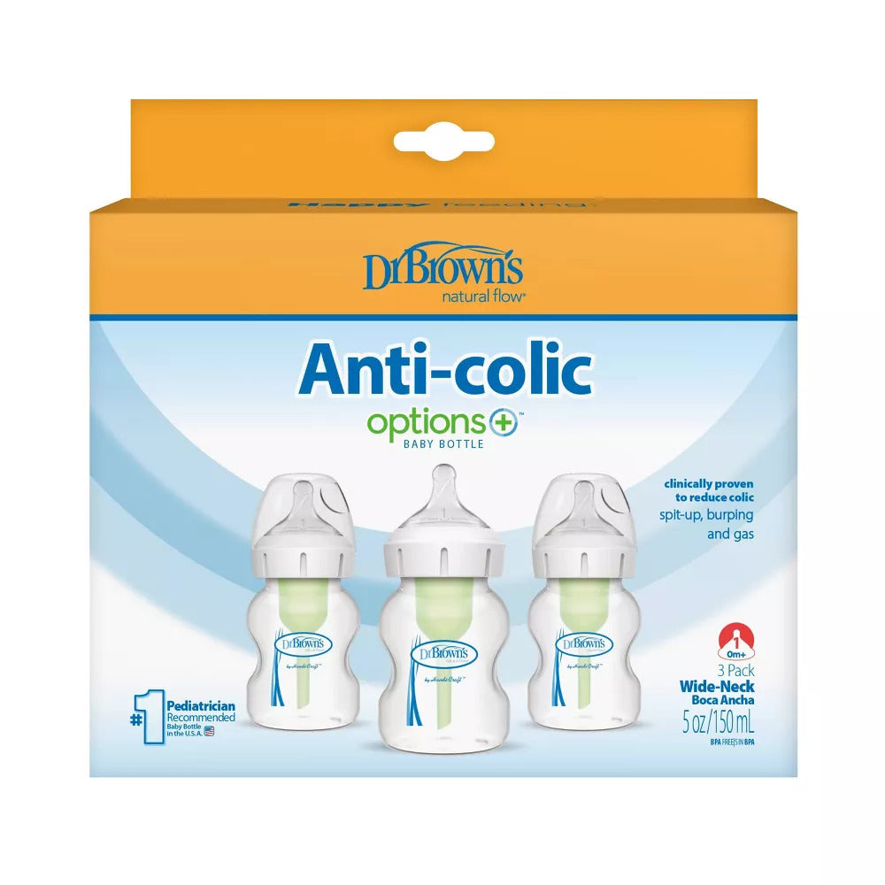 Dr. Brown's Options+ Anti-Colic Baby Bottles – Wide-Neck, 5oz, 3-Pack (0m+) – BPA-Free, Slow Flow Nipple