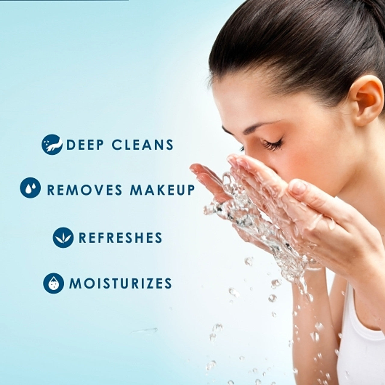 A woman washing her face with water, showcasing the benefits of Noxzema cleansing cream with text listing "Deep Cleans, Removes Makeup, Refreshes, and Moisturizes" on a light blue background.