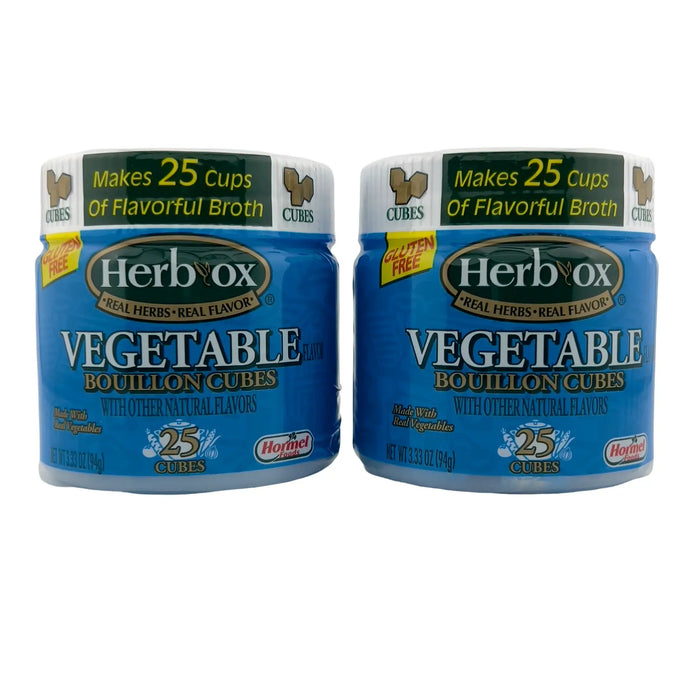 Two jars of Herb-Ox Vegetable Bouillon Cubes, gluten-free, each containing 25 cubes