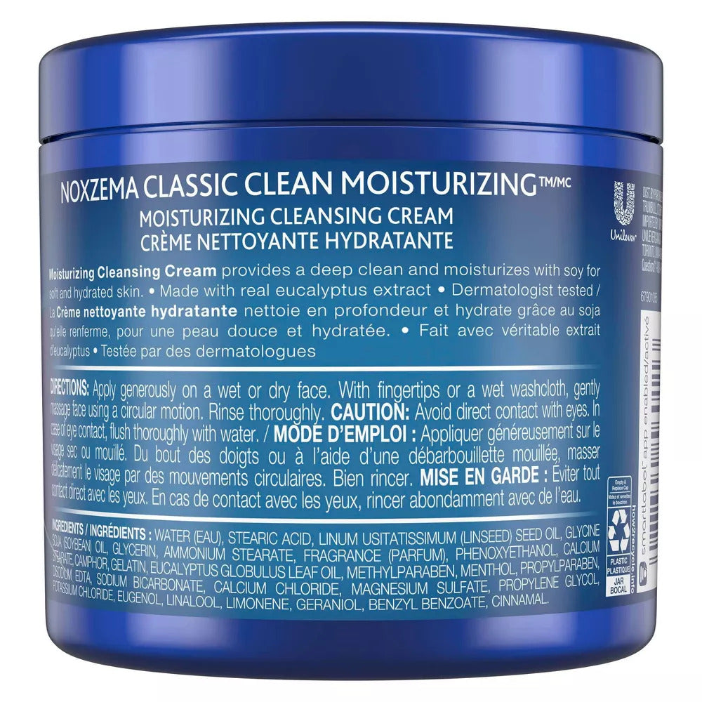 Noxzema Classic Clean Moisturizing Cleansing Cream - product information and ingredients listed on the back of the packaging
