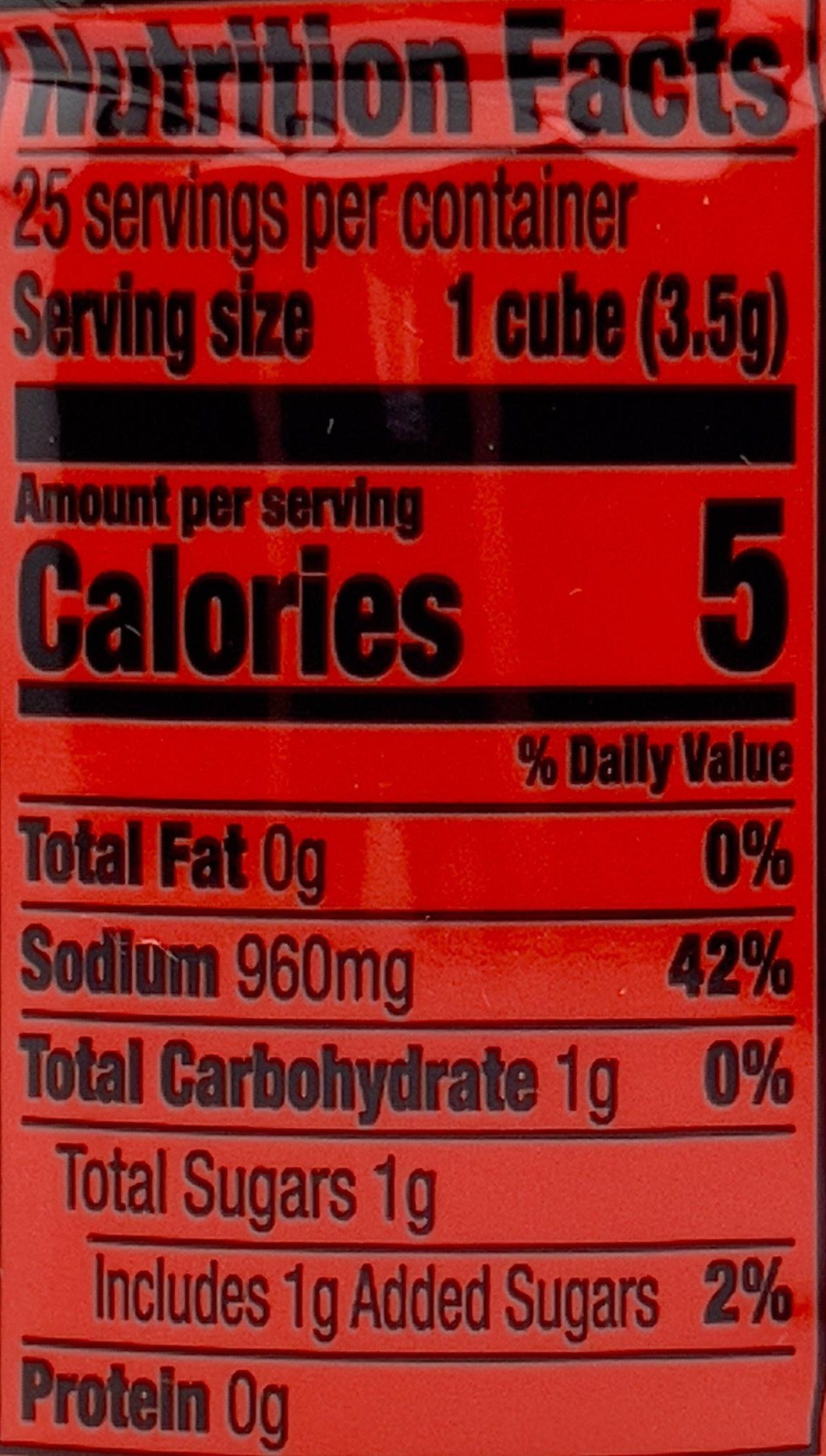 Herb-Ox beef bouillon cubes nutrition facts label: 5 calories, 960mg sodium per cube