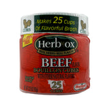 Herb-Ox beef bouillon cubes, front of one 25-cube 3.25 oz jar marked Gluten Free, makes 25 cups of broth