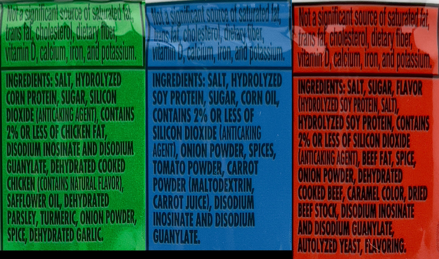 Ingredients for Herb-Ox bouillon cubes: Chicken, Vegetable, and Beef flavors with salt, spices, and natural flavorings.