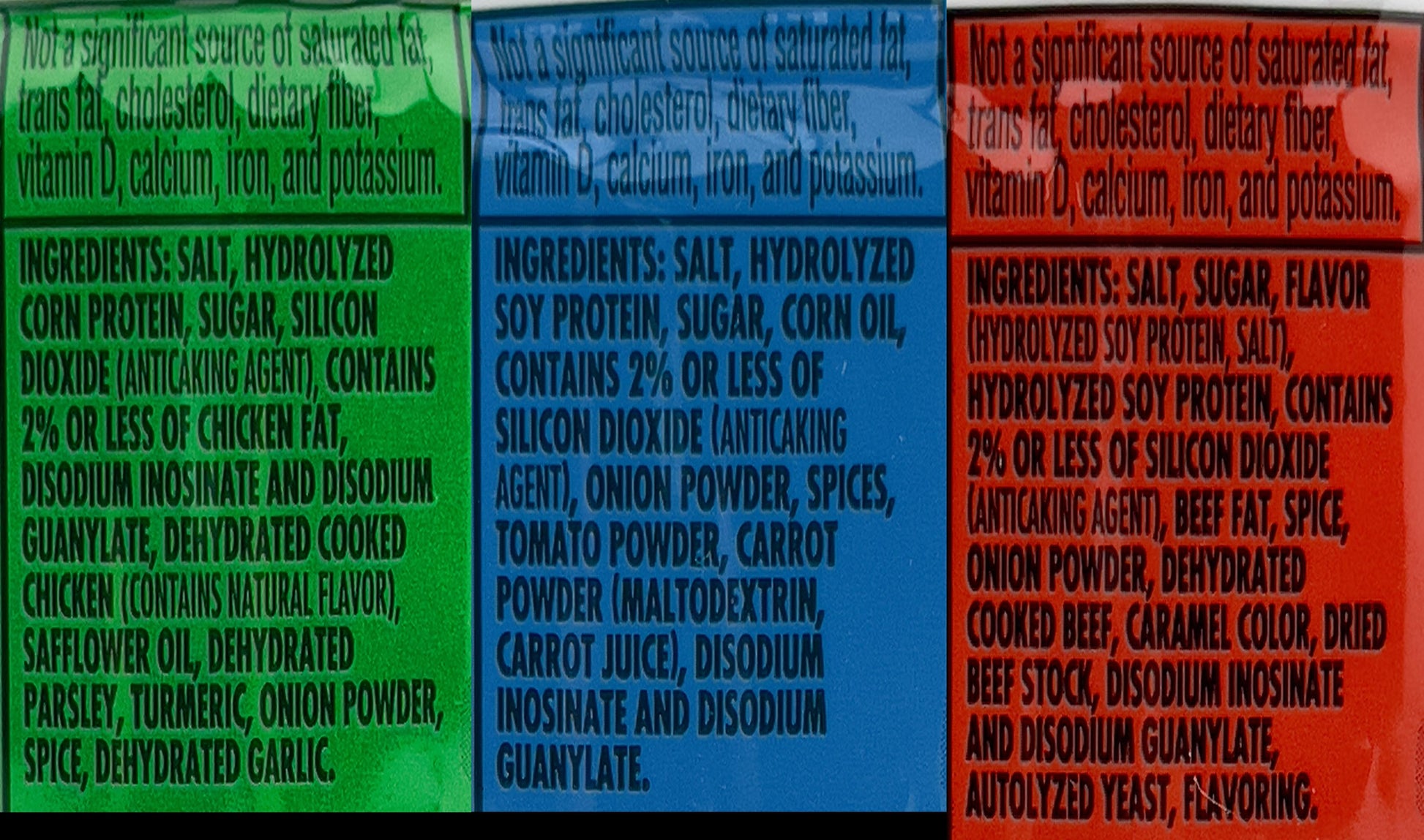 Ingredients for Herb-Ox bouillon cubes: Chicken, Vegetable, and Beef flavors with salt, spices, and natural flavorings.