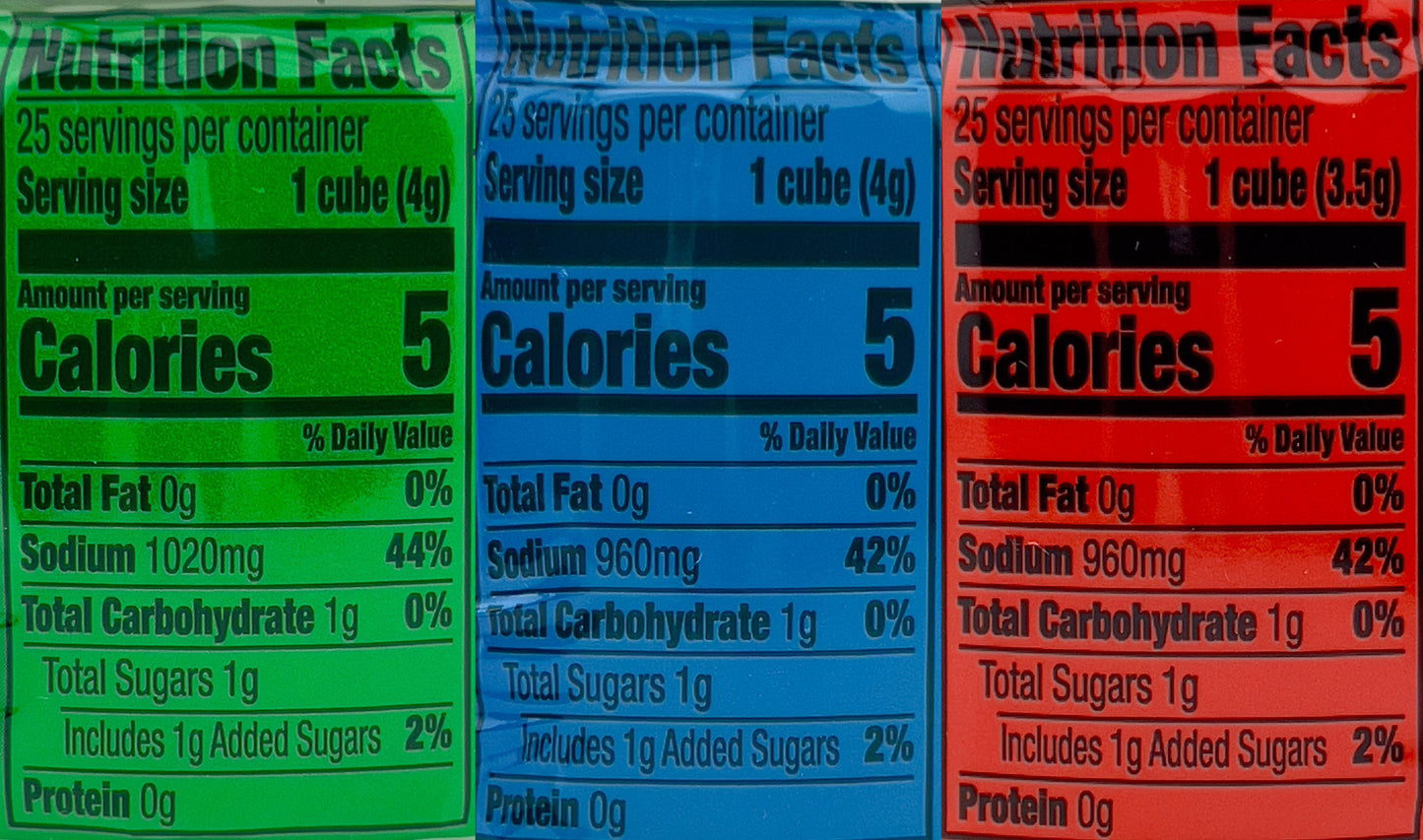 Nutrition facts labels for Herb-Ox bouillon cubes in chicken, vegetable, and beef flavors