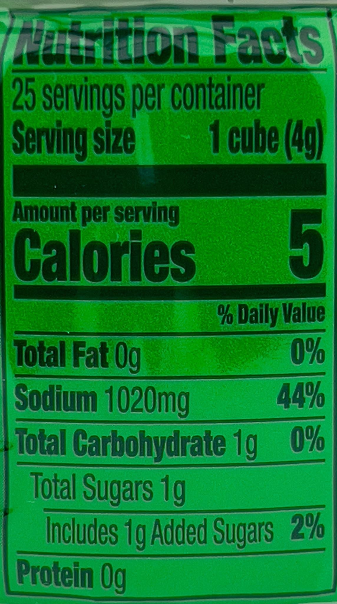 Herb-Ox chicken bouillon cubes nutrition facts label: 5 calories, 1020mg sodium per cube