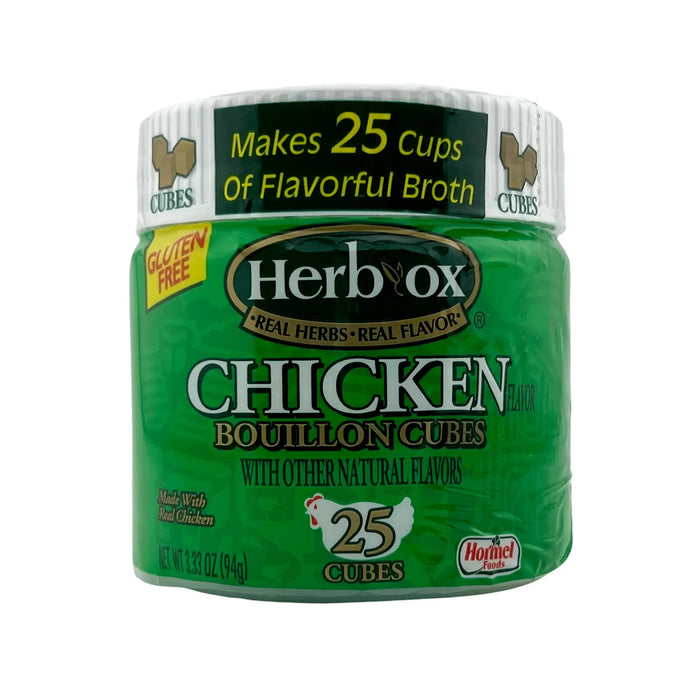Herb-Ox chicken bouillon cubes, front of one 25-cube 3.33 oz jar marked Gluten Free, makes 25 cups of broth