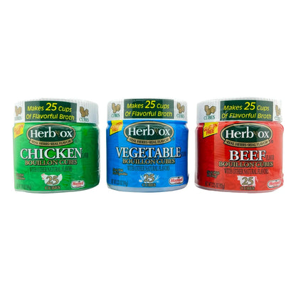 Variety pack of Herb-Ox Chicken, Vegetable, and Beef Bouillon Cubes for flavorful cooking and seasoning.