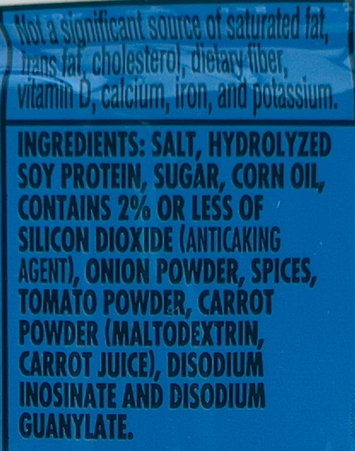 Ingredients for Herb-Ox vegetable bouillon cubes: salt, hydrolyzed soy protein, sugar, corn oil, onion powder, tomato powder, and spices.