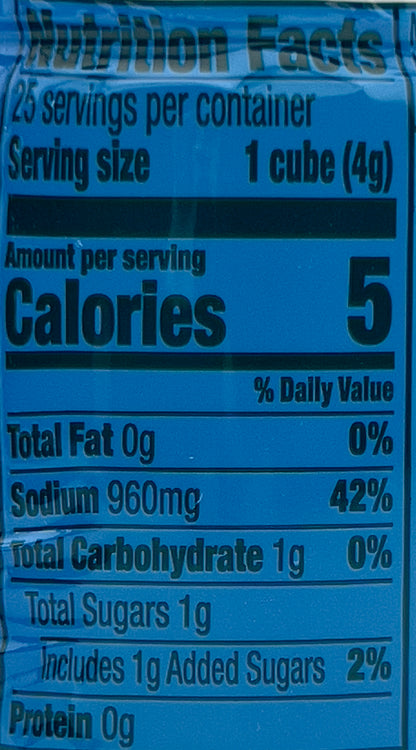 Nutrition facts for Herb-Ox vegetable bouillon cubes: 5 calories, 0g fat, 960mg sodium, 1g carbohydrate, and 0g protein per serving.