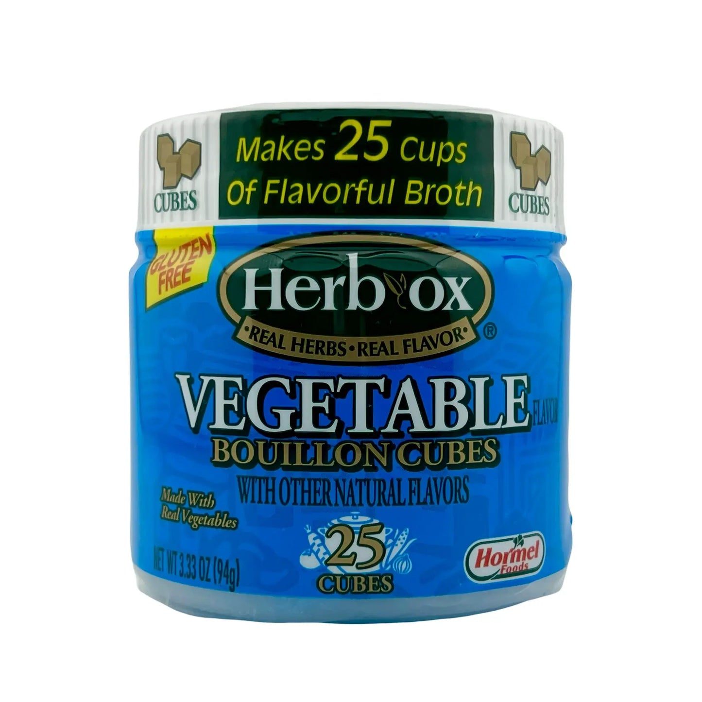 Herb-Ox Vegetable Bouillon Cubes, gluten-free, 25 cubes jar, labeled 'Makes 25 cups of flavorful broth