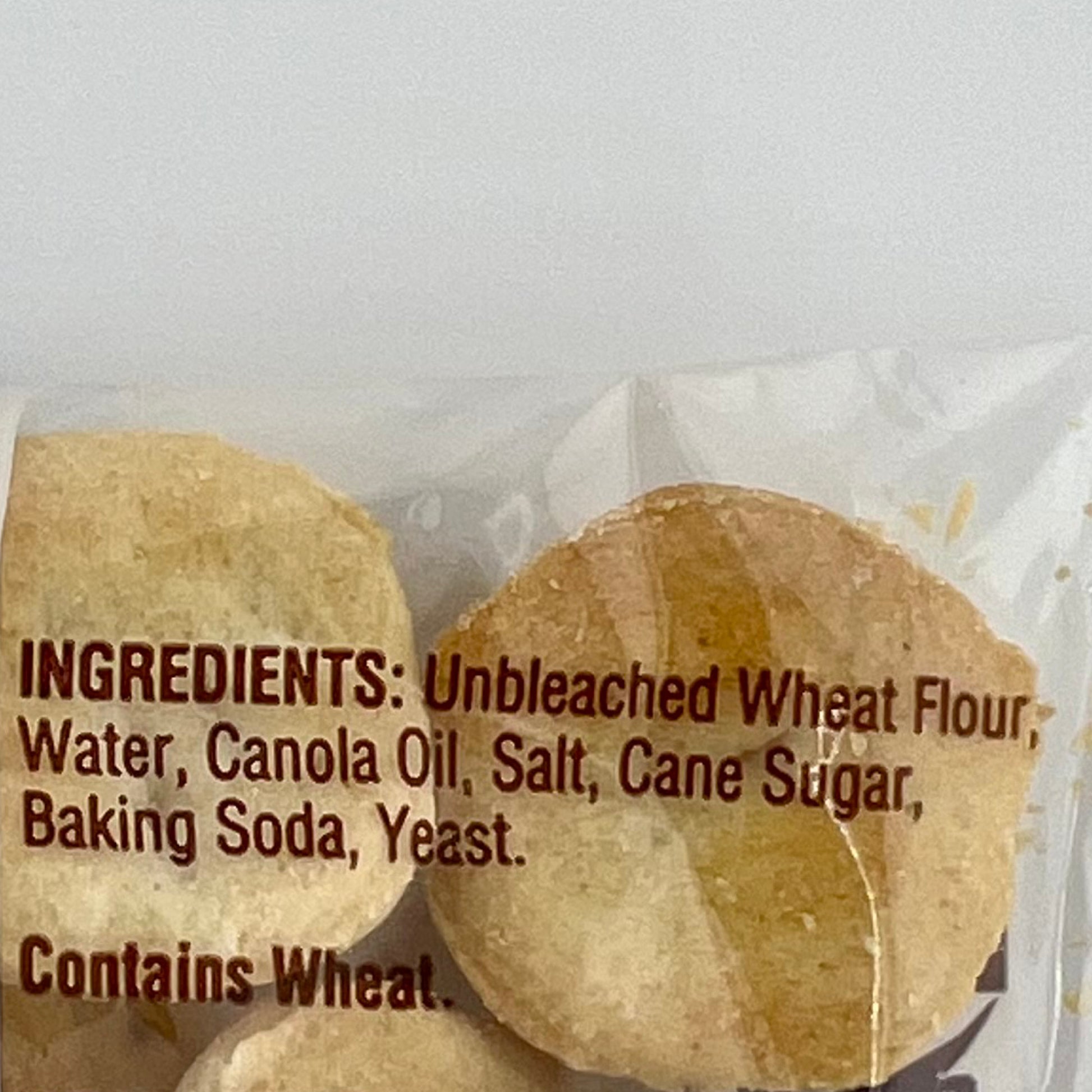Ingredients for Westminster Bakers Co. oyster crackers: unbleached wheat flour, water, canola oil, salt, cane sugar, baking soda, and yeast. Contains wheat.