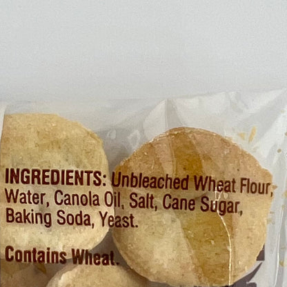 Ingredients for Westminster Bakers Co. oyster crackers: unbleached wheat flour, water, canola oil, salt, cane sugar, baking soda, and yeast. Contains wheat.