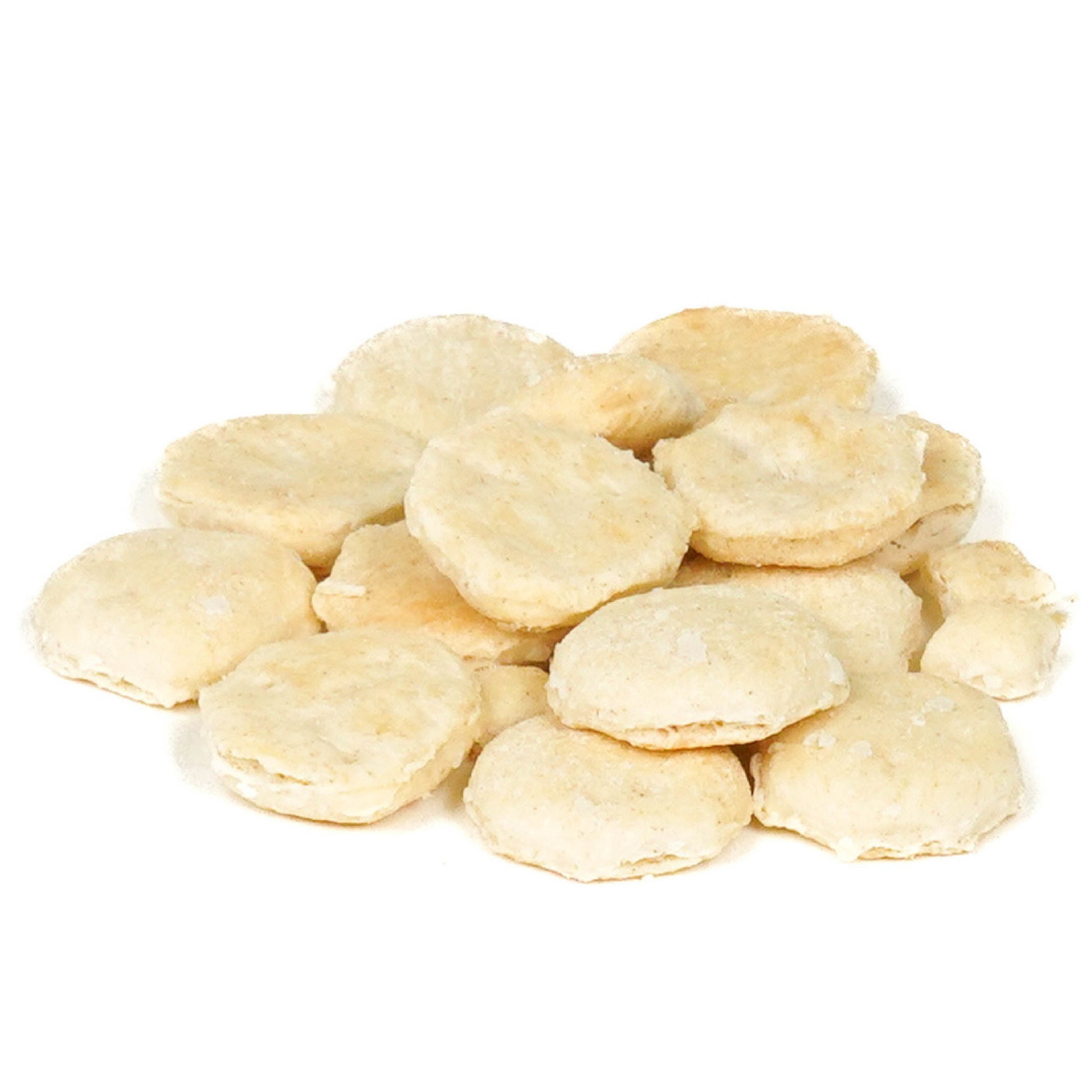 Pile of Westminster Bakers Co. oyster crackers, round and lightly baked.