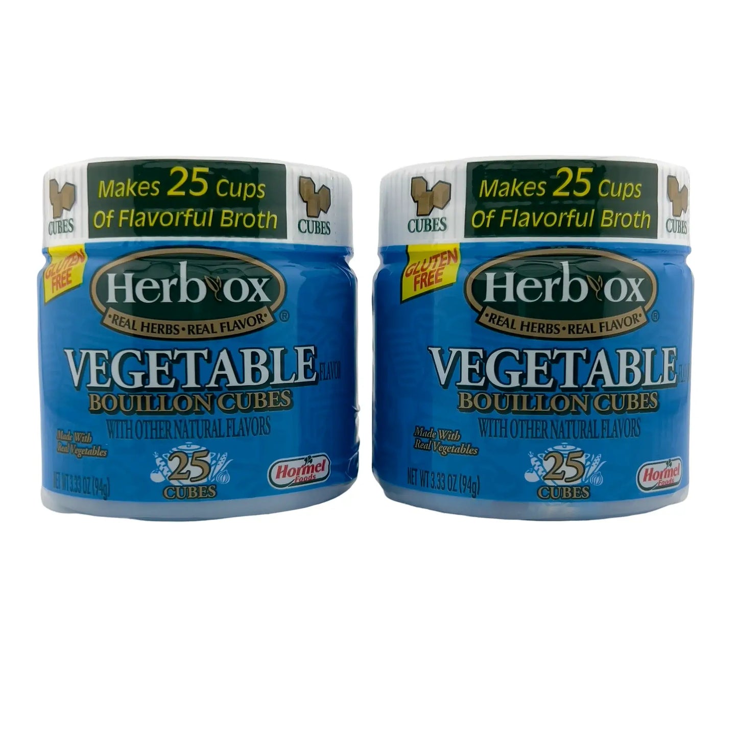 Two jars of Herb-Ox Vegetable Bouillon Cubes, gluten-free, each containing 25 cubes