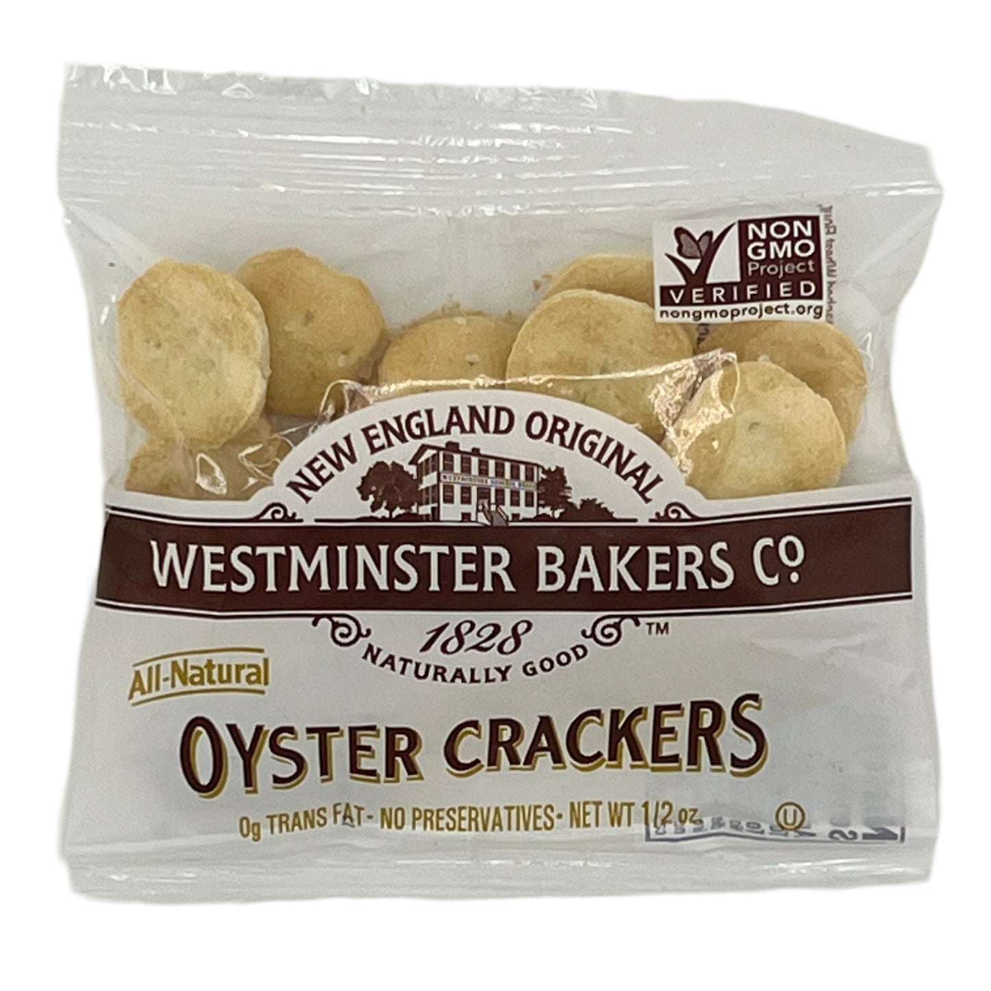 Bag of Westminster Bakers Co. all-natural oyster crackers, non-GMO, 0g trans fat, no preservatives, net weight 0.5 oz.