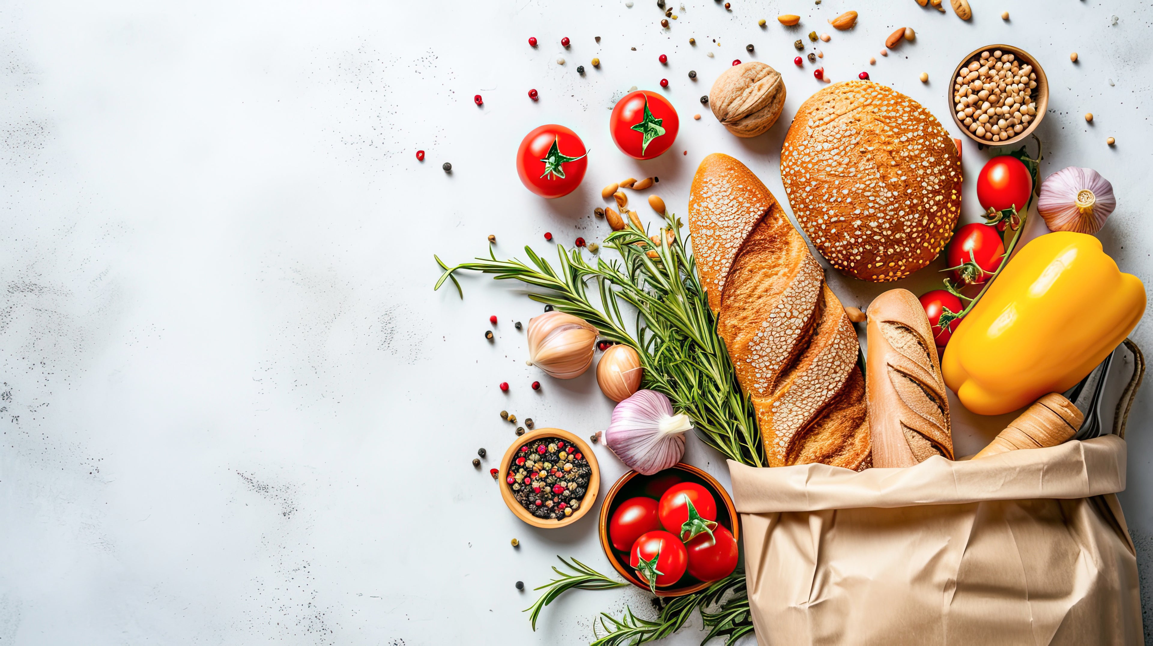 A rustic arrangement of fresh vegetables, including tomatoes and lettuce, next to a loaf of artisan bread on a wooden table.