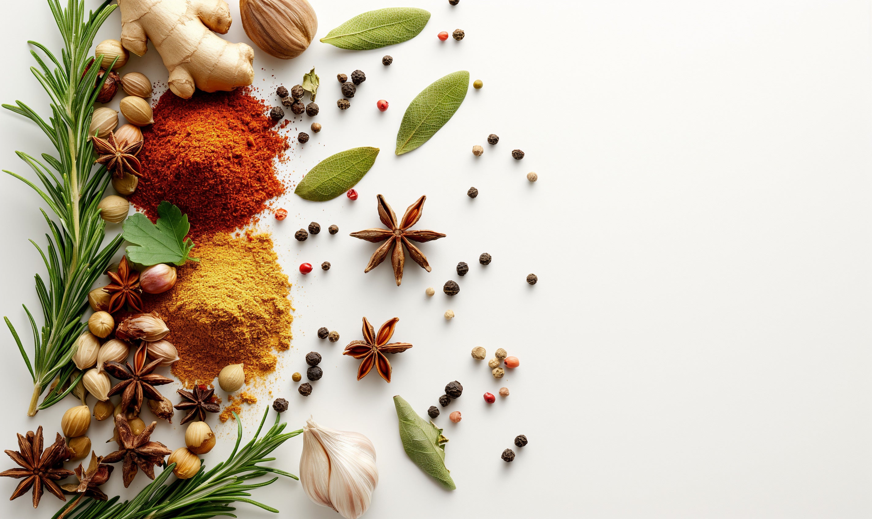 A collection of organic spices in small glass jars displayed on a wooden surface, perfect for enhancing flavor in home-cooked meals.